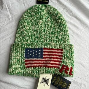 Ralph Lauren Green and Cream Knit Beanie